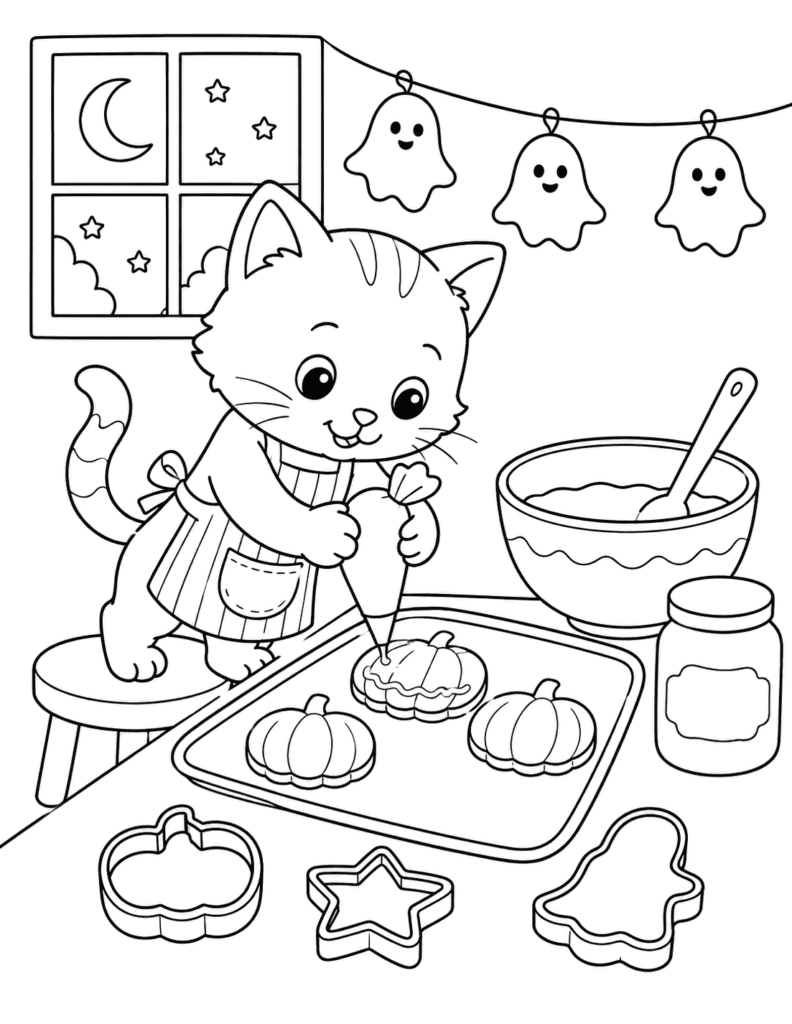 60 Free Printable Halloween Animal Coloring Pages for Kids 5 Kitten Bakes Halloween Cookies